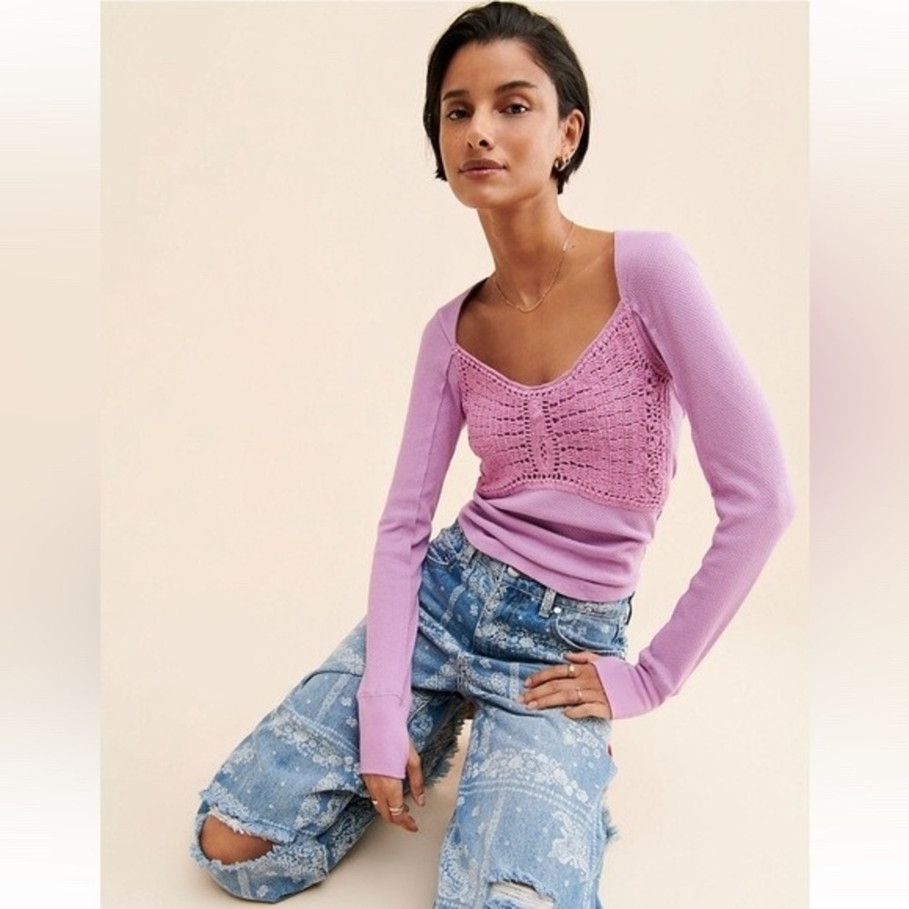 Free People Women Purple Butterfly Crochet Waffle Knit Top Size M